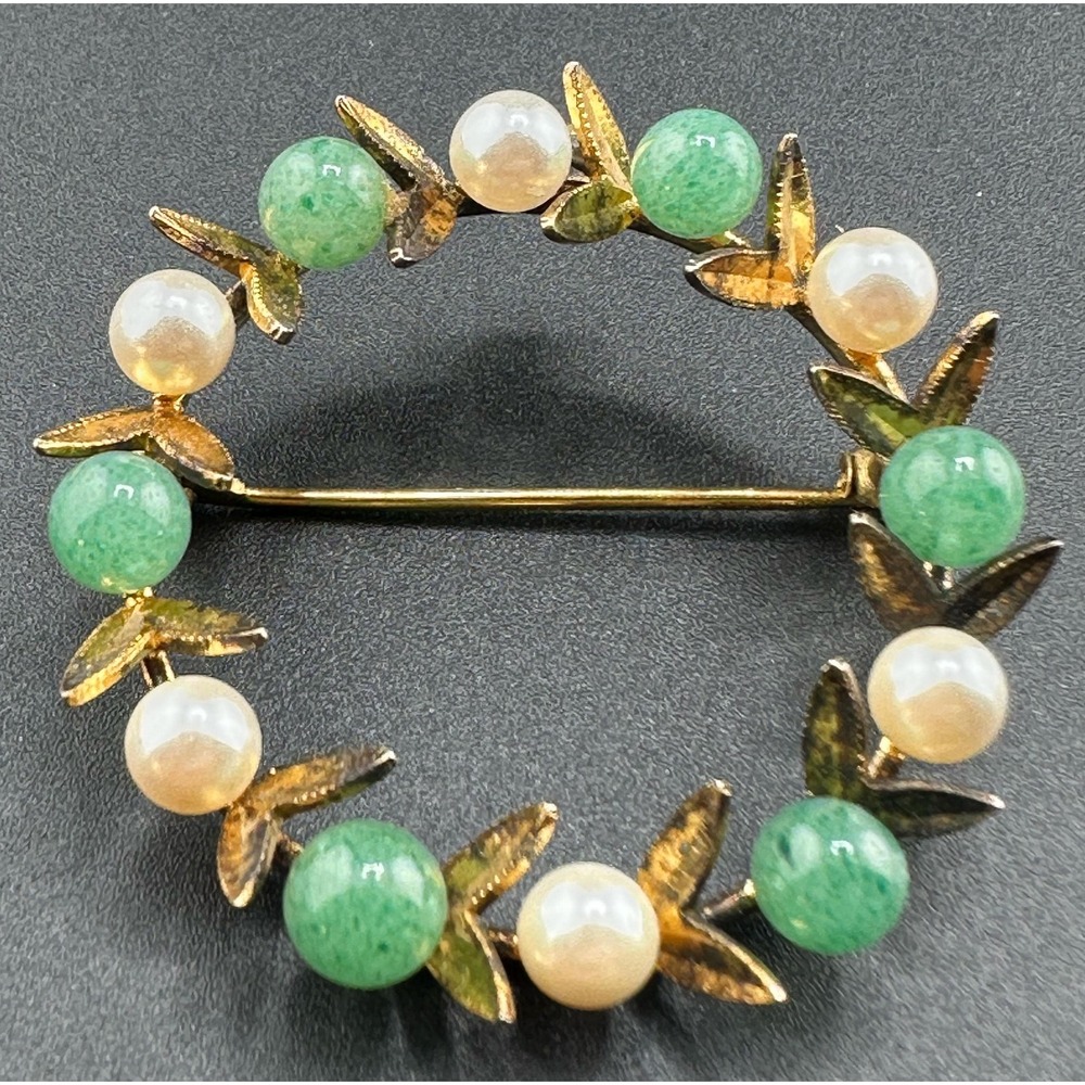 VTG 1940s 1950s Sterling Silver Jade Pearl Wreath Brooch Pendant
